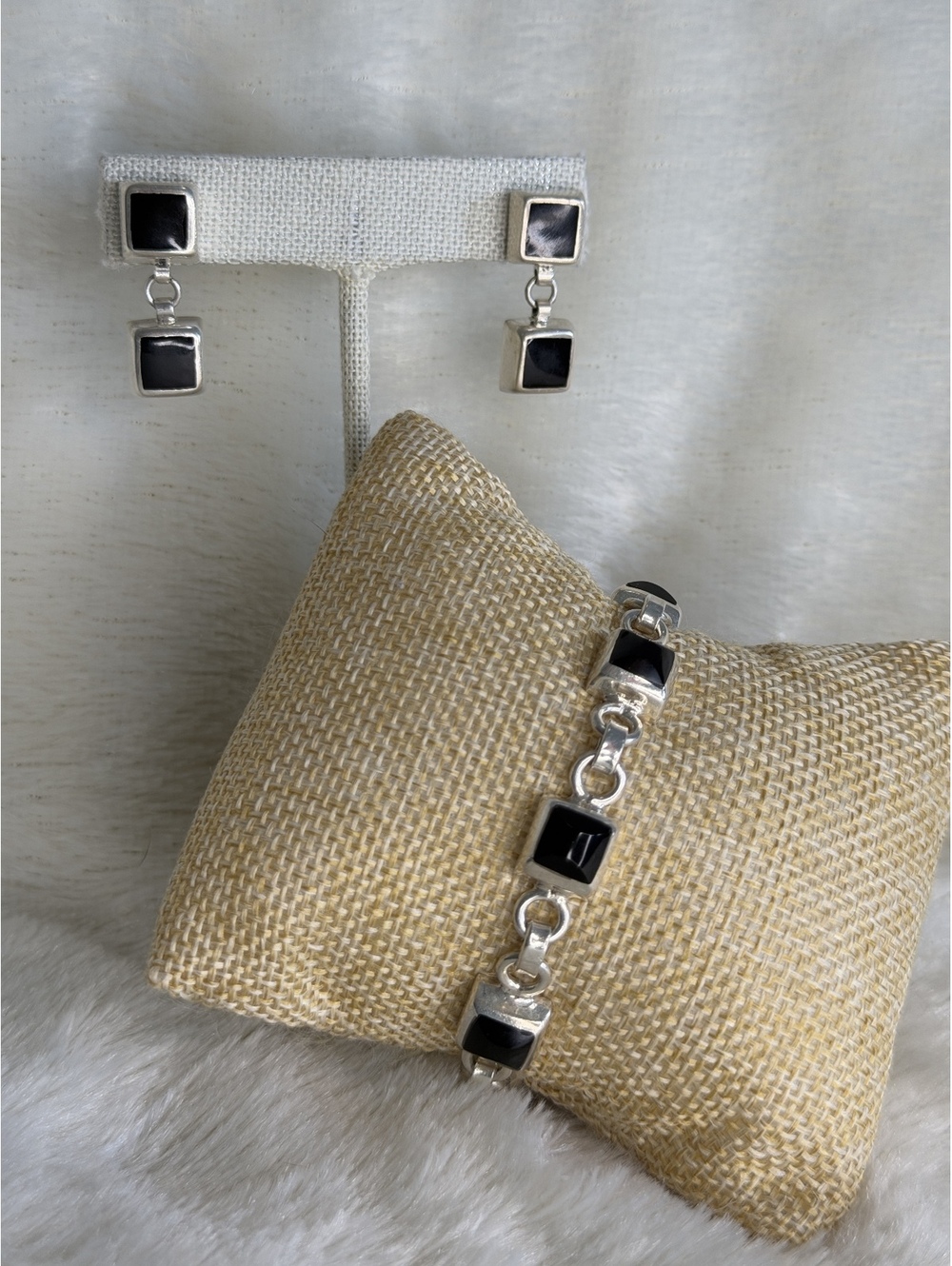 Retired Silpada .925 Silver Square Black Onyx Bracelet B0568 & Earrings P0187